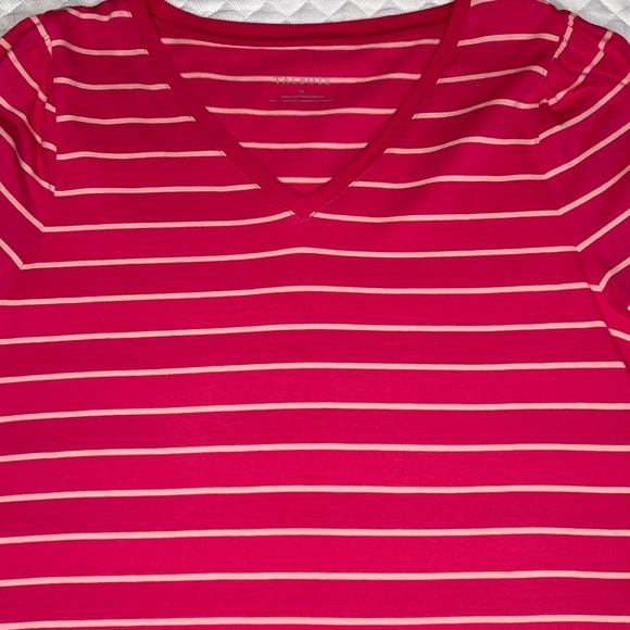 Talbots Cotton Pink Ruched Sleeve V Neck Tee - Picture 4 of 9